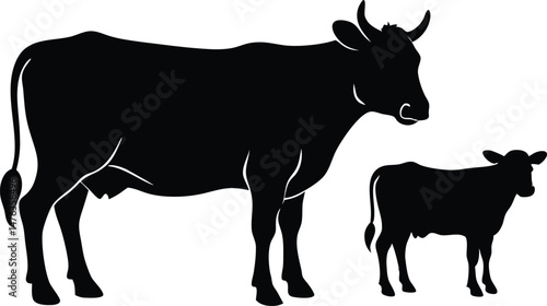  An adult silhouette black Cow and a calf standing a short distance apart within the same frame 
