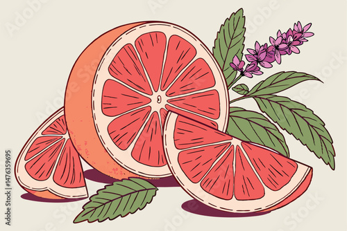 101 vibrant,juicy,fresh,citrus,segmented,ruby-red,grapefruit,slices,mint,leaves,purple,flowers,high-resolution,detailed,food,still life,studio lighting,product photography,appetizing,healthy,nutritiou