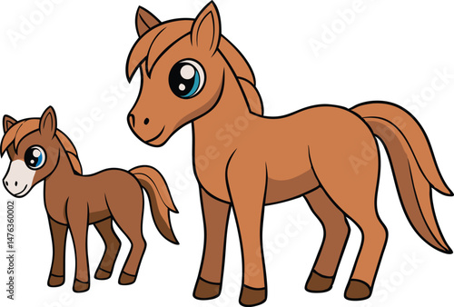 An adult vector kawaii horse and a foal standing a short distance apart within the same frame