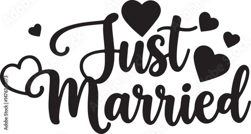 Vintage Just Married Calligraphy Design: Elegant Hand-Drawn Typography with Romantic Floral Accents, Perfect for Wedding Invitations, Marriage Celebrations, Greeting Cards, and Honeymoon Decorations, 