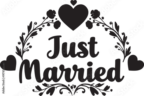 Vintage Just Married Calligraphy Design: Elegant Hand-Drawn Typography with Romantic Floral Accents, Perfect for Wedding Invitations, Marriage Celebrations, Greeting Cards, and Honeymoon Decorations, 