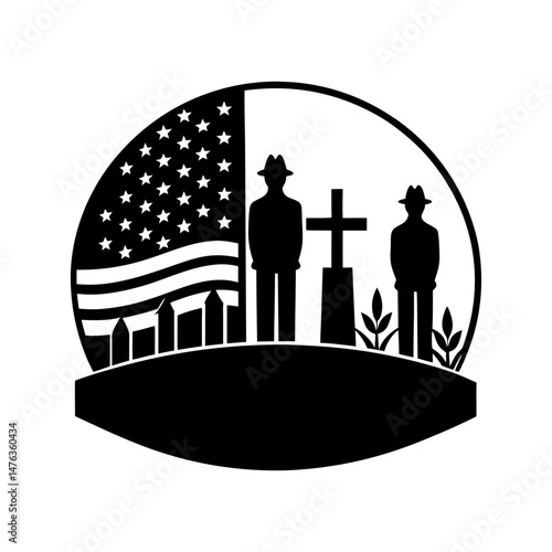 Silhouette scene of memorial day with american flag cross and two figures