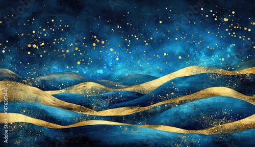 Deep blue and gold landscape, starry night.  Abstract, textured hills,  flowing lines,  glittering dust