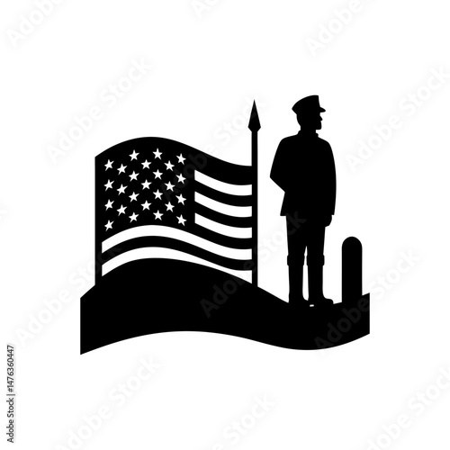 Silhouette of soldier with american flag and tombstone in memorial scene art