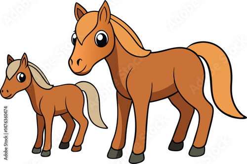 An adult vector kawaii horse and a foal standing a short distance apart within the same frame