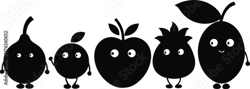 Black Silhouette Retro Fruit Characters Vector