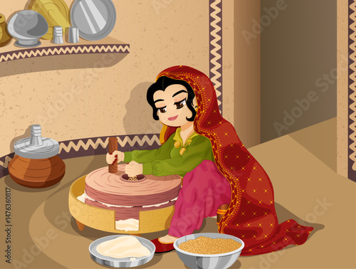 Village Woman Using Hand Chakki to make Atta or Flour from Wheat Sitting in Kitchen. Authentic Rural Lifestyle Cartoon Detailed Illustration