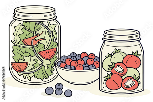 51 jars filled with fresh vegetables and fruits, bright colors, healthy food, glass containers, minimal background, food photography, high quality, vibrant colors, natural lighting, clean and simple c