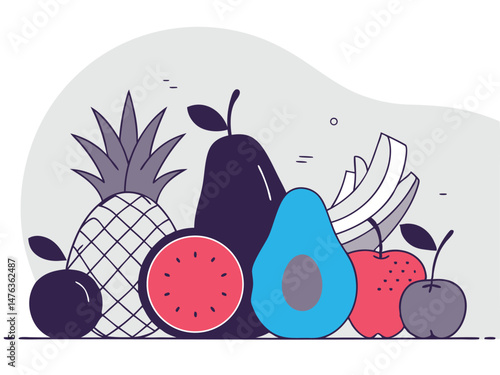 apple, pear, plum, banana, pineapple, avocado, watermelon, photorealistic, simple, flat design, minimalist, bold colors, vibrant, stylized, clean, fresh, healthy, food, produce, 