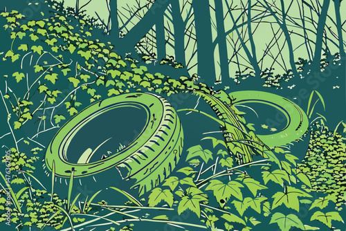 52 tires, old tires, discarded tires, car tires, rubber, nature, leaves, greenery, vegetation, overgrowth, abandoned, forest, green, lush, organic, texture, pattern, decay, dilapidated, recycled, eco-