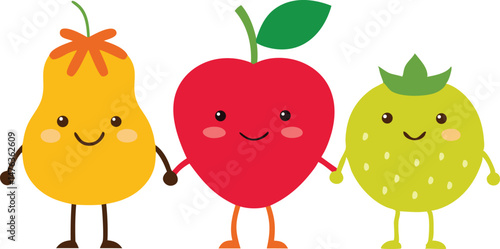 This cute cartoon vector illustration features a happy set of fruits and vegetables, including a funny apple and pear, with a cute animal character adding to the fun food art