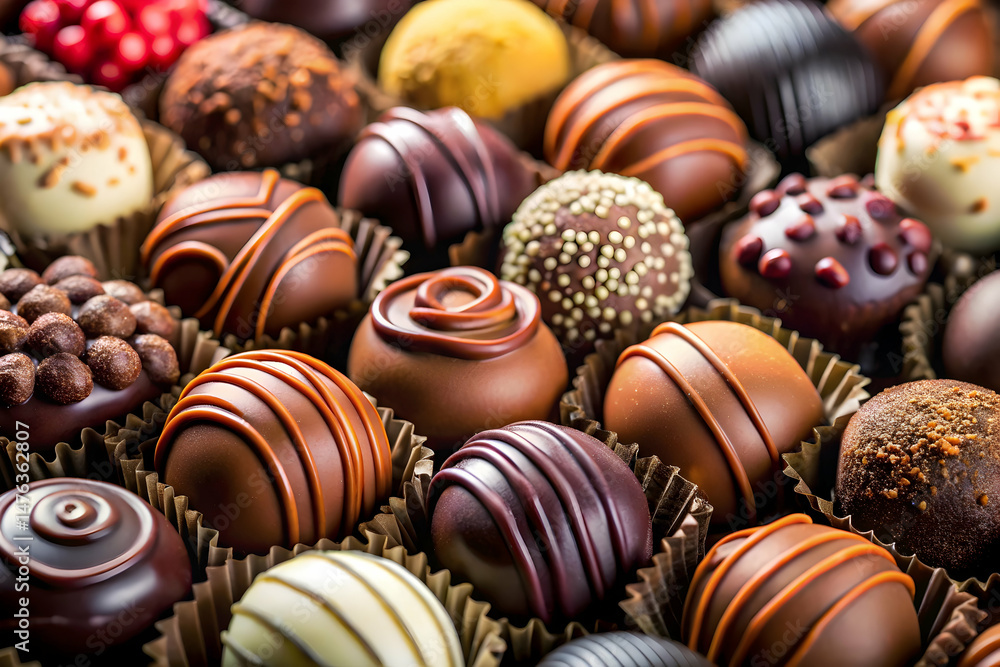 Close-up photo of assorted chocolates showcasing rich textures and vibrant variety Close-up photo of assorted chocolates showcasing rich textures and vibrant variety