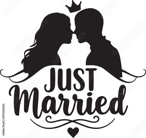 Vintage Just Married Calligraphy Design: Elegant Hand-Drawn Typography with Romantic Floral Accents, Perfect for Wedding Invitations, Marriage Celebrations, Greeting Cards, and Honeymoon Decorations, 
