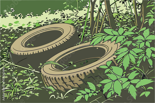 52 tires, old tires, discarded tires, car tires, rubber, nature, leaves, greenery, vegetation, overgrowth, abandoned, forest, green, lush, organic, texture, pattern, decay, dilapidated, recycled, eco-