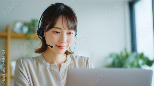 Wallpaper Mural 自宅でPC作業をするヘッドセットの女性 Torontodigital.ca