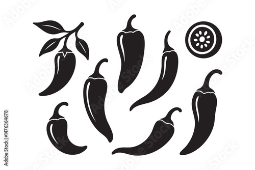 chilli papper set woodcut engraving vector illustration