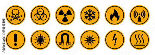 Safety warning icons set toxic, biohazard, radiation, electric shock, fire, radio waves, caution, magnet, laser, cold, and heat hazard signs in yellow and black. Icons, vector.