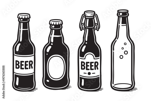 beer bottle set woodcut engraving vector illustration