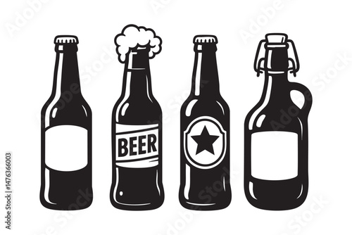beer bottle set woodcut engraving vector illustration