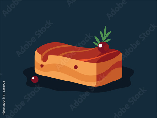 Illustrated flat design roasted pork loin with rosemary and cranberries on a dark background
