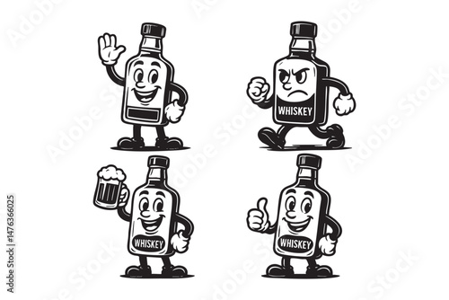 whiskey bottle set funny cartoon mascot vector illustration