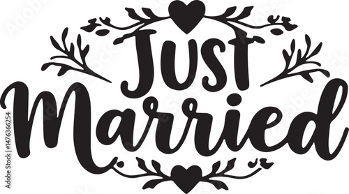 Vintage Just Married Calligraphy Design: Elegant Hand-Drawn Typography with Romantic Floral Accents, Perfect for Wedding Invitations, Marriage Celebrations, Greeting Cards, and Honeymoon Decorations, 