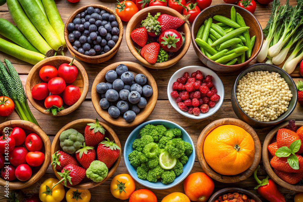 Fruit and vegetables in bowls for healthy and nutritious food display Fruit and vegetables in bowls for healthy and nutritious food display
