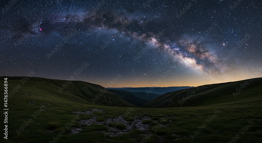 Fototapeta premium Majestic Milky Way Galaxy Over Green Hills Landscape at Night