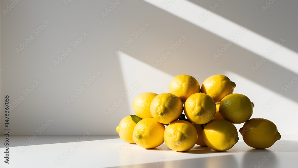 Arrangement of whole and sliced lemons with green leaves, perfectly isolated on a white backdrop