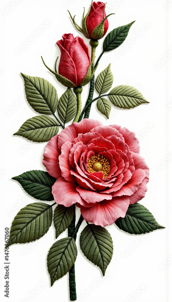 Fototapeta premium Pink Rose and Buds Embroidery Applique on White Background 