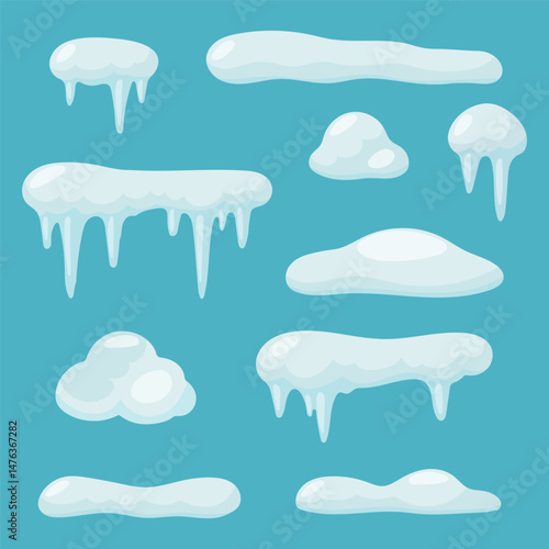 Winter Snow and Ice Set: Icicles, Snowballs, Snowdrifts, Snow Piles, Christmas Decorations Vector Illustration on Blue Background.