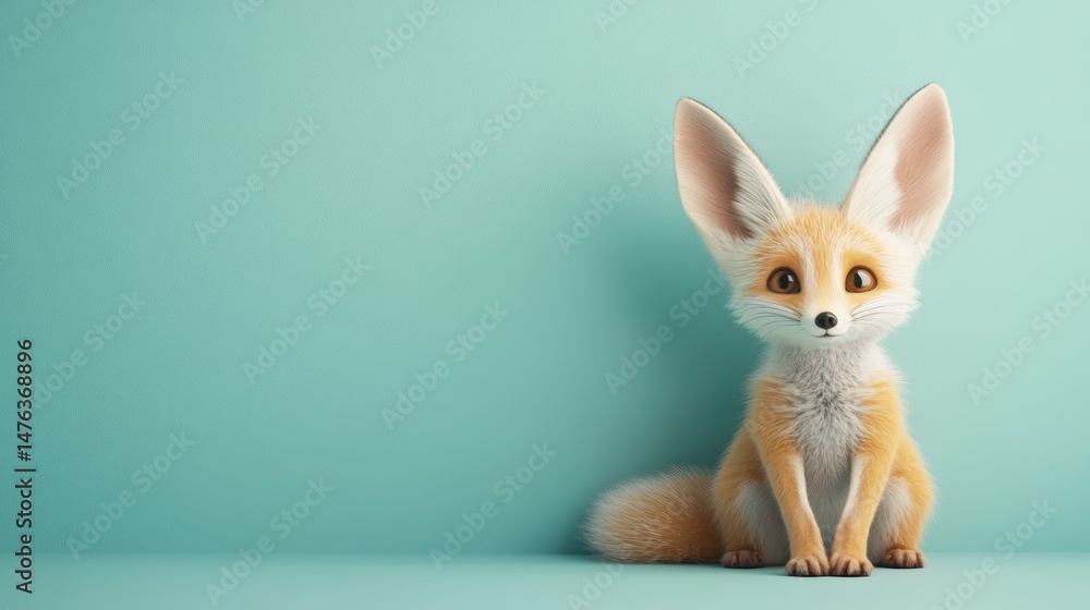 Obraz premium Adorable cartoon fennec fox sitting against a light blue background.