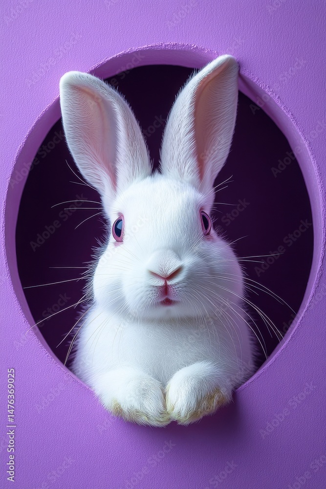 Obraz premium White Rabbit in Purple Oval A Whimsical Digital Portrait