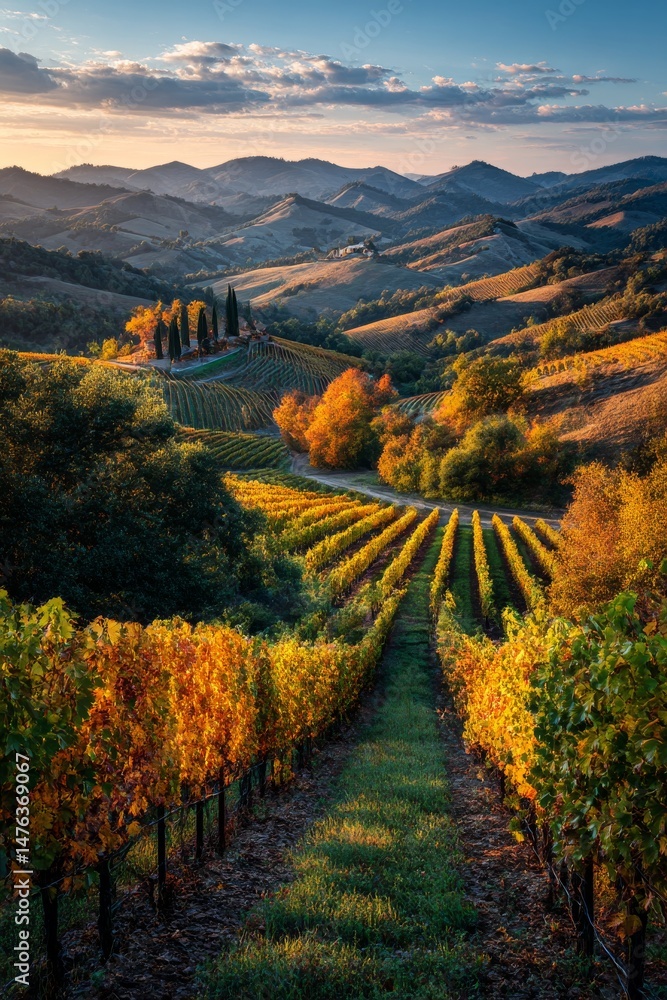 Naklejka premium Rolling Hills of Napa Valley Vineyard at Sunset, Golden Vineyards and Distant Mountains