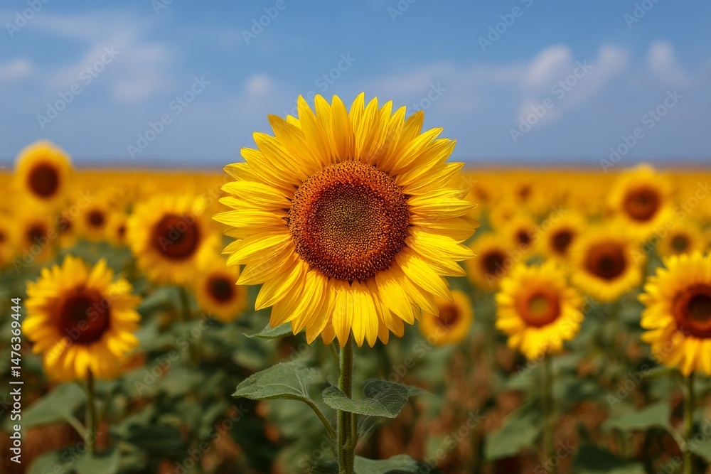 Fototapeta premium Sunflower Field Under a Clear Blue Sky: A vibrant display of golden sunflowers in full bloom stretches across a sun-drenched landscape.