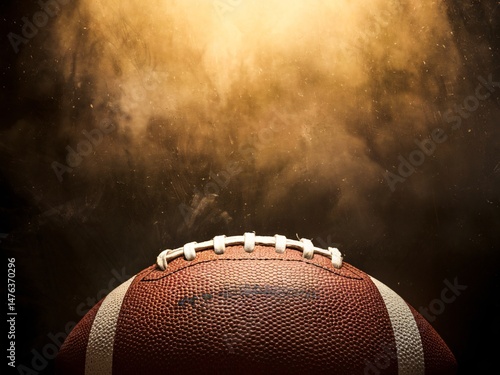 A close-up of a textured football against a dramatic, hazy background.