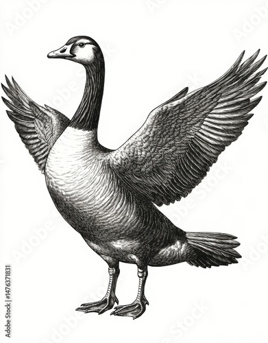 Detailed Black and White Illustration of Canada Goose with Outstretched Wings