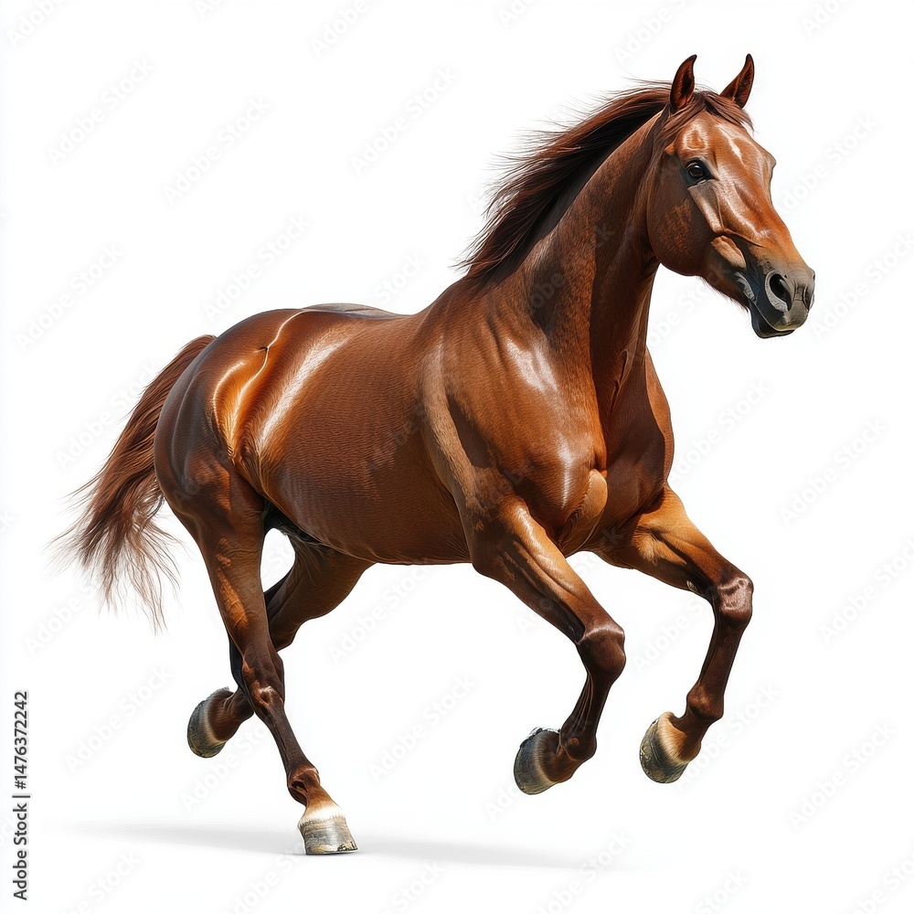 Obraz premium Dynamic Chestnut Horse in Motion Against White Background