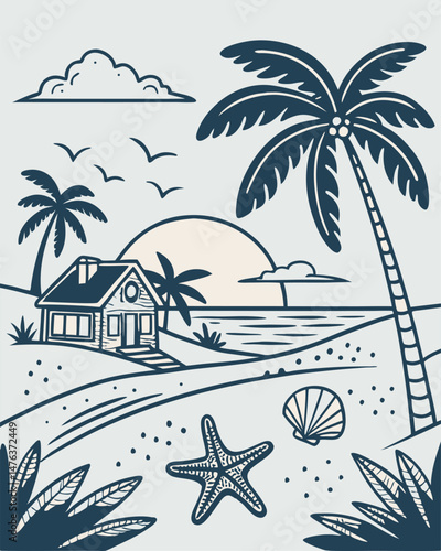 Tranquil beach scene with a cabin palm trees starfish seashell and birds silhouette