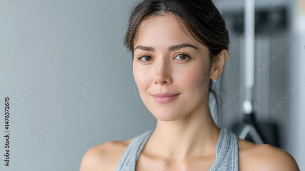 Smiling woman in workout attire exudes confidence and determination in gym Smiling woman in workout attire exudes confidence and determination in gym