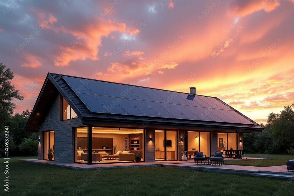 Fototapeta premium Modern Solar Powered House, Eco Friendly Sustainable Architecture, Clean Energy Living