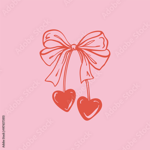 Hand drawn girly cherry two hearts with coquettish cute ribbon bow. Retro valentines day print. Vintage love locket doodle vector illustration. Girly wedding, birthday, bachelorette party invitation