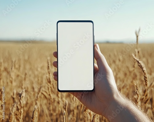 Hand holding a smartphone with blank screen in a golden wheat field