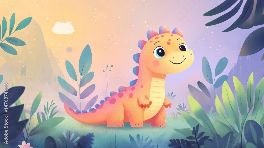 Obraz premium Cute cartoon dinosaur in a lush garden at sunset.