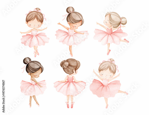 Watercolor Illustration Set of Little Ballerina Wears Pink Dress