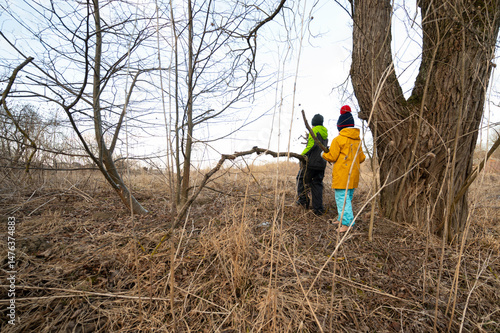 Wallpaper Mural Exploring nature trails with friends on a chilly afternoon in early spring, enjoying the beauty of the outdoors while discovering hidden treasures in the woods Torontodigital.ca