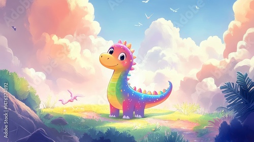Fototapeta Naklejka Na Ścianę i Meble -  Rainbow dinosaur cartoon illustration on a hilltop, under a pastel sky.