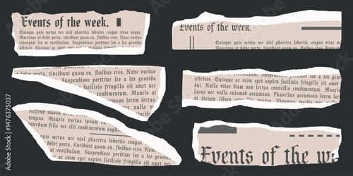 Newspaper collage set, elements for scrapbook. Trendy retro vintage paper cut, notebook sheet. Old rip torn collection. Craft retro gazettes, grunge sticker collection. Isolated Vector illustration.