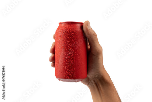 Male hand holding a red aluminium drinking soda can isolated no background