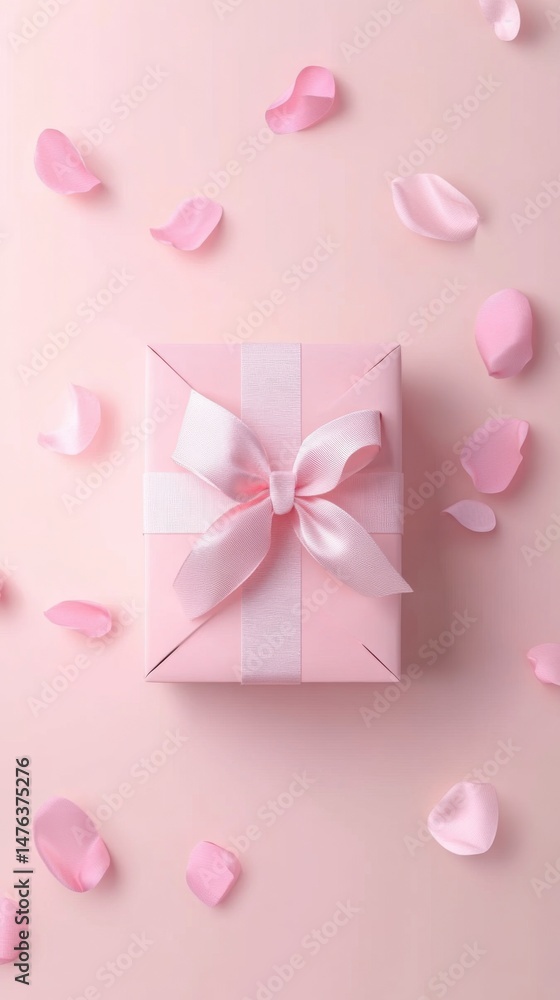 Pink Gift Box with Bow and Rose Petals Overhead Shot for Valentine's Day or Birthday Celebration in Studio Pink Gift Box with Bow and Rose Petals Overhead Shot for Valentine's Day or Birthday Celebration in Studio